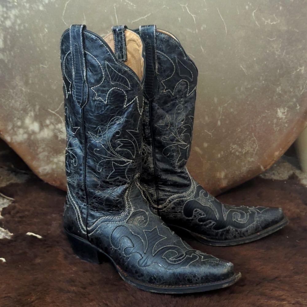 JB DILLON JBW2200 Black goat leather cowgirl boots cutout black lizard inlay 7.5